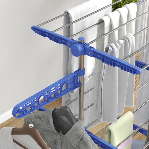 HOMCOM 3-Tier Clothes Airer, Stainless Steel Foldable Clothes Drying Rack with Wheels and Wings, Indoor and Outdoor, Easy Assembly, 142 x 55 x 152cm, Blue