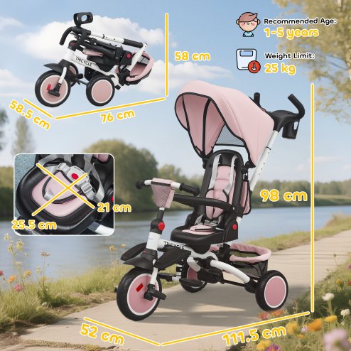 AIYAPLAY Kids Trike, 6 in 1 Toddler Tricycle with Adjustable Parent Handle & Canopy, Convertible Seat, for Ages 1-5 Years, Foldable Baby Trike with Safety Harness, Storage Basket & Bag, Pink