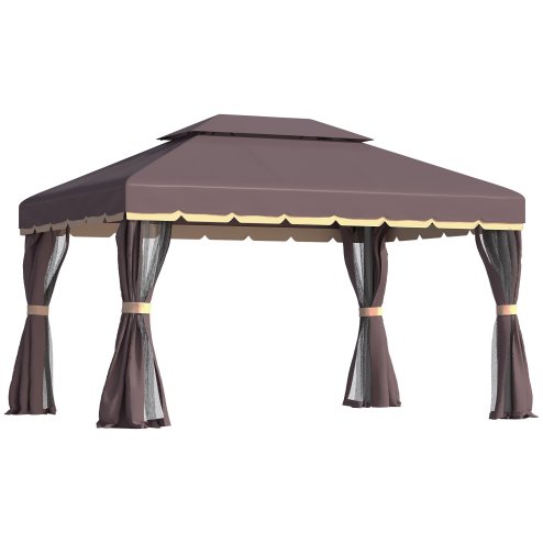 Outsunny 3 x 4m Aluminium Garden Gazebo, Marquee Canopy Shelter Pavilion Party Tent with Nets and Curtains for Garden and Deck, Coffee