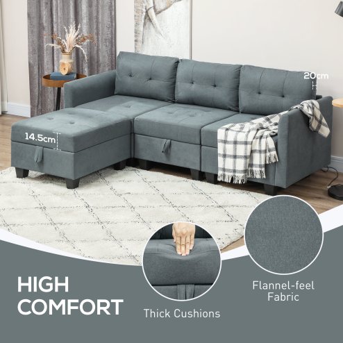 HOMCOM Convertible Modular Sectional Sofa with Storage, Tufted 3 Seater Sofa Set, L Shaped Couch with Ottoman, Wood Frame for Living Room