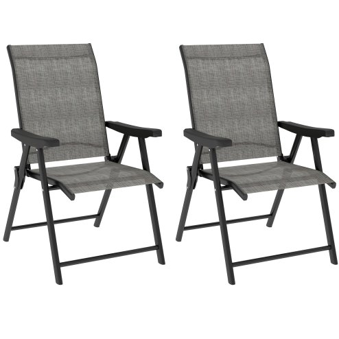 Outsunny Set of 2 Folding Chair, Garden Chair Set with Breathable Mesh Back and Seat, Outdoor Camping Chairs with Armrests, Steel Frame for Deck Balcony, Black and Grey Image