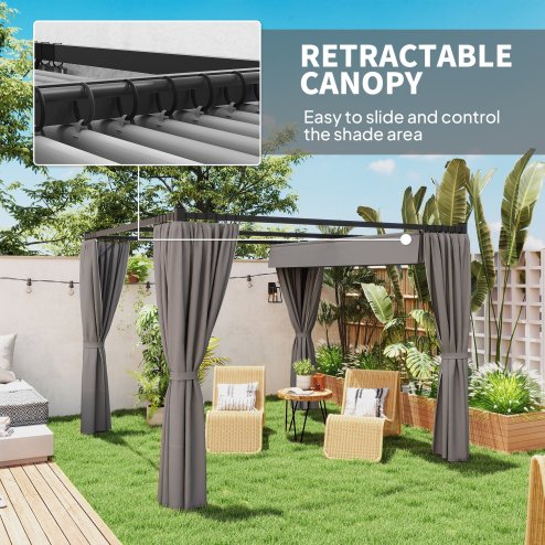Outsunny 3 x 3(m) Pergola with Retractable Roof Canopy and Curtains, Metal Frame Garden Gazebo Outdoor Sun Shade Shelter for Grill, Patio, Deck, Light Grey