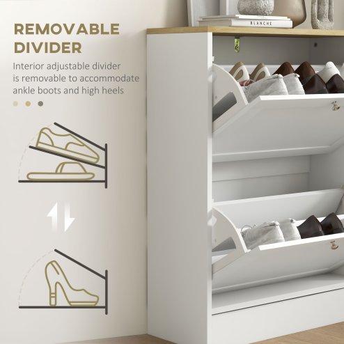 HOMCOM Slim Shoe Storage Cabinet for Hallway, Modern Narrow Shoe Cabinet with 2 Flip Drawers and Adjustable Shelves for 12 Pairs of Shoes, White