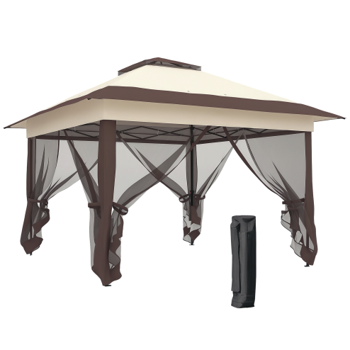 Outsunny 3.6 x 3.6 m Pop up Gazebo with Netting and Wheeled Carry Bag, UPF50+ Height Adjustable Party Tent Instant Canopy Sun Shade Shelter, Khaki