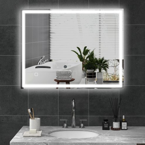 HOMCOM Bathroom Mirror with LED Lights, Illuminated Makeup Mirror with 3 Colours, Defogging Film and Memory Function, Hardwired, Horizontal or Vertical, 90 x 70cm