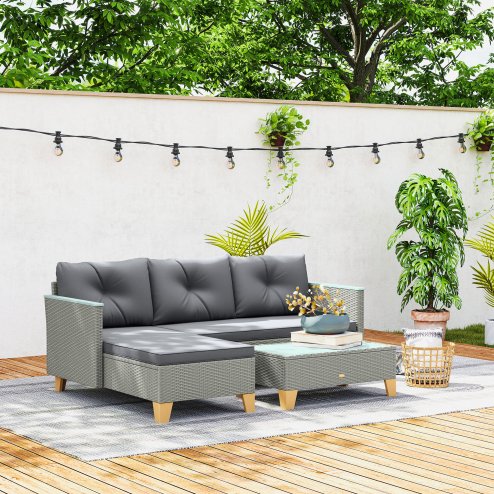 Outsunny 3 Pieces Rattan Garden Furniture Set, L Shaped Garden Conversation Chaise Lounge Furniture with Wood Top Coffee Table and Thick Cushions, Charcoal Grey