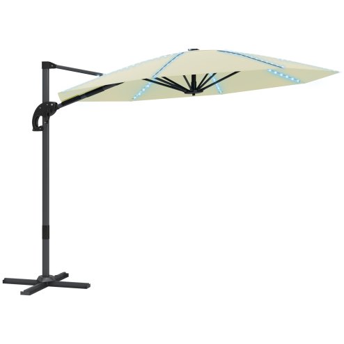 Outsunny 3(m) Cantilever Garden Parasol with Solar Powered Lights, Fibreglass Ribs, Crank Handle & Cross Base, UPF 50+, 360 Rotation, Overhanging Patio Umbrella for Patio Market, Cream