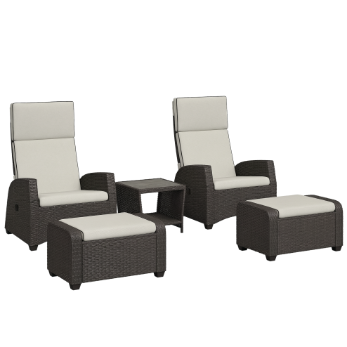 Outsunny 5 Pieces PE Rattan Garden Furniture Set, Wicker Outdoor Furniture Set with Reclining Chairs, Coffee Table, Footstools and Thick Cushions for Balcony, Patio, Brown