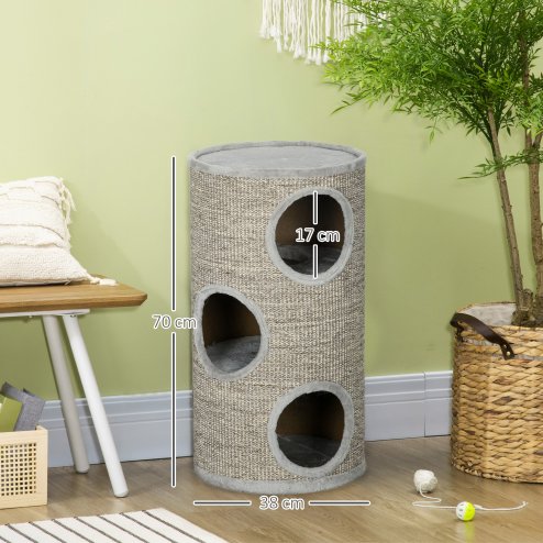 PawHut Cat Barrel Kitten Tree Tower for Indoor Cats, Cat Climbing Frame, Covered in Sisal, Cosy Platform - Light Grey