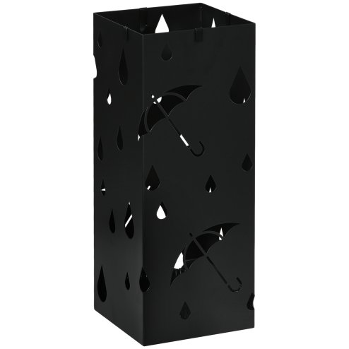 HOMCOM Steel Umbrella Stand, Square Umbrella Holder with 4 Hooks and Removable Drip Tray, Hollowed Umbrella Basket for Hallway