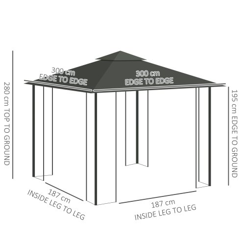 Outsunny 3(m) x 3(m) Garden Gazebo, Double Roof Outdoor Gazebo Canopy Shelter with Netting, Solid Steel Frame, for Garden, Lawn and Deck, Grey