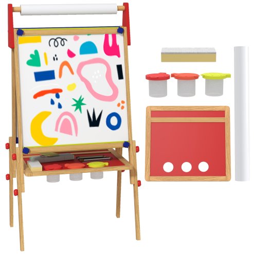 AIYAPLAY Kids Easel, 3 in 1 Art Easel Double Sided Height Adjustable with Paper Roll, Whiteboard, Chalkboard, Painting Accessories, Natural Wood Finish Image