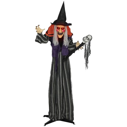 Outsunny 160 cm Life Size Halloween Animated Standing Witch & Skull Staff with Glowing LED Eyes & Head, Spooky Witch Scary Halloween Decorations, Battery Operated, Indoor Party Props