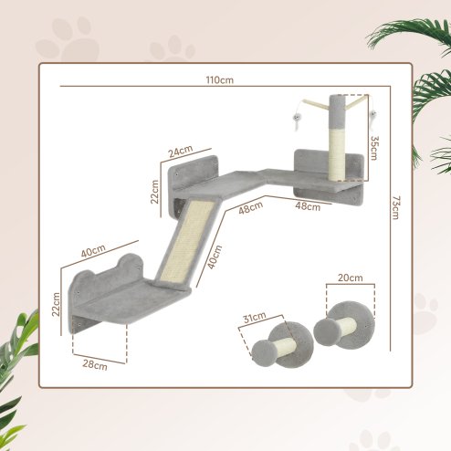 PawHut Cat Wall Furniture, 3 Piece Cat Shelves with Scratching Posts, Scratching Pads, Perches, Cat Wands, Toy Balls, Corner Design Cat Wall Shelves for Indoor Cats, Kittens, Light Grey