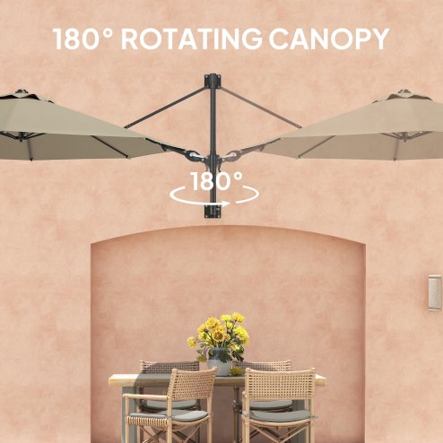 Outsunny 3 M Wall Mounted Garden Parasol Umbrella with Rotate, Outdoor Market Umbrella Sun Shade Canopy with 8 Ribs, Khaki