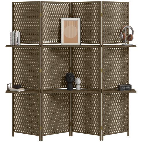HOMCOM 4-Panel Room Dividers with Shelves, Wave Fibre Freestanding Folding Privacy Screen Panels, Partition Wall Divider for Indoor Bedroom Office, 180?cm, Brown