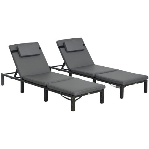 Outsunny Rattan Sun Lounger Set of 2, 5-Level Adjustable Garden Lounger Recliner with Cushion and Headrest, Outdoor Reclining Sunbed, Steel Frame Garden Chair for Patio, Beach, Terrace, Dark Grey
