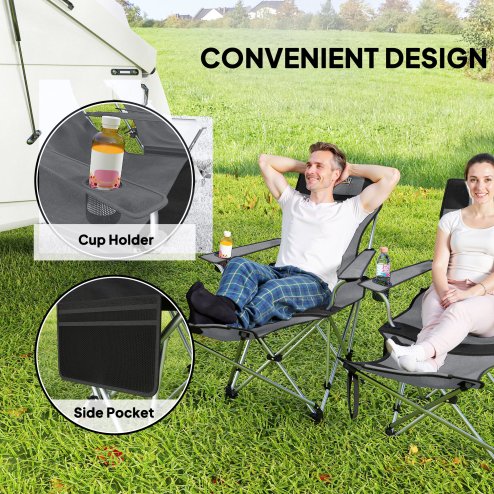 Outsunny Set of 2 Reclining Folding Camping Chair w/ Detachable Footrest, Storage Bag, Cup Holder & Headrest, Lightweight Portable Camp Chair for Beach, Picnic, Grey and Black