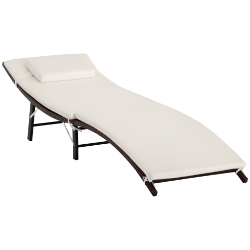 Outsunny Folding Rattan Sun Lounger, Wicker Garden Lounger with Cushion and Pillow, Outdoor Sunbed with Steel Frame for Patio, Beach, Terrace, Cream White