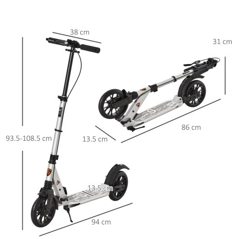 HOMCOM Adult Teens Kick Scooter Foldable Height Adjustable Aluminium Ride On Toy for 14+ w/ Rear Wheel & Hand Brake, 200mm Big Wheels, Shock Mitigation System - Silver