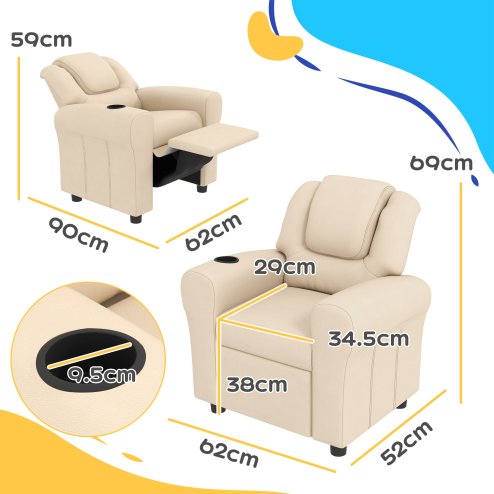 HOMCOM Kids Recliner, PU Leather Kids Armchair, Child Chair, Toddler Armchair with Adjustable Backrest, Footrest, Padded Headrest, Cup Holder, Beige