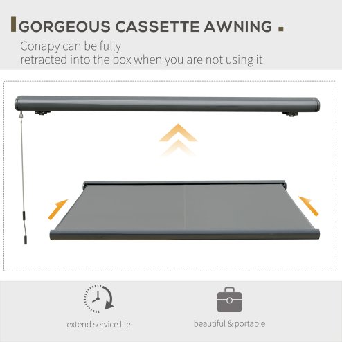 Outsunny 3x2.5m LED Light Full Cassette Case Electric/Manual Awning Door Window Sun Shade Patio Canopy Retractable w/ Remote Grey