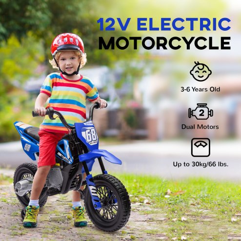 AIYAPLAY 12V Kids Electric Motorbike, Kids Electric Ride on Motorcycle, Battery Powered Toy with Twist Grip Throttle, Training Wheels, Suspension System, Music, Blue