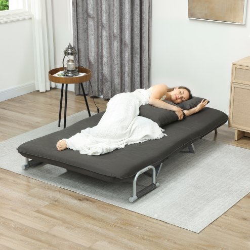 HOMCOM 2 Seater Sofa Bed, Click Clack Convertible Bed Settee, Modern Velvet Feel Fabric Sofa with 2 Cushions for Living Room, Bedroom, Guest Room, Charcoal Grey