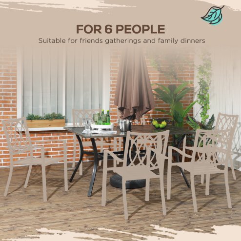 Outsunny Garden Table with Parasol Hole, Outdoor Garden Dining Table with Wood Grain Tabletop and Steel Frame for Patio, Deck, Balcony, Brown, 150 x 96 x 73cm