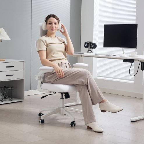 Vinsetto High Back Office Chair, Mesh Computer Desk Chair with Rotatable Headrest, 4D Lumbar Support, Flip-up Arm, Adjustable Height, White