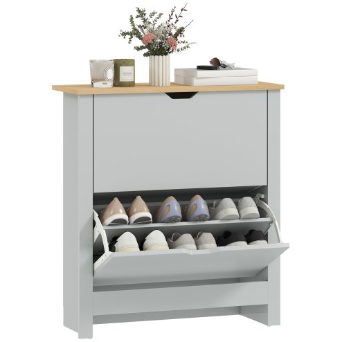 HOMCOM Narrow Shoe Cabinet, Space Saving Shoe Storage Cabinet with 2 Flip Drawers and Adjustable Shelves for 6-12 Pairs of Shoes for Hallways and Living Room, Light Grey