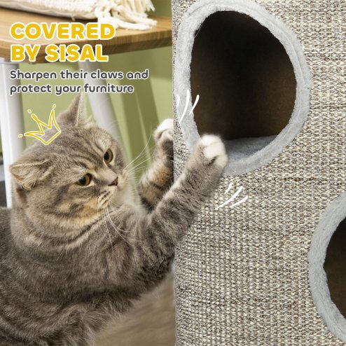 PawHut Cat Barrel Kitten Tree Tower for Indoor Cats, Cat Climbing Frame, Covered in Sisal, Cosy Platform - Light Grey