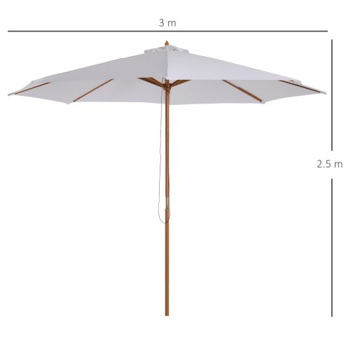 Outsunny 3(m) Garden Parasol, Pulley Operated Patio Umbrella, Wooden Parasol, Table Market Umbrella with Rope Pulley Mechanism and 8 Ribs, White
