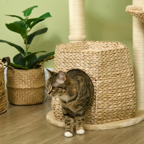 PawHut Cat Tree Tower for Indoor Cats, Climbing Activity Centre, Kitten Furniture with Cattail Fluff Bed House, Sisal Scratching Post, Hanging Ball, 50 x 50 x 119cm, Natural Tone
