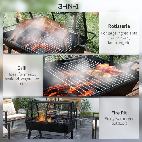 Outsunny 3-in-1 BBQ Rotisserie Grill Roaster Fire Pit with Storage Shelf, Mesh Lid and Poker, Charcoal Chicken Spit Roast Machine with Waterproof Cover for Outdoor Picnic Camping, Black