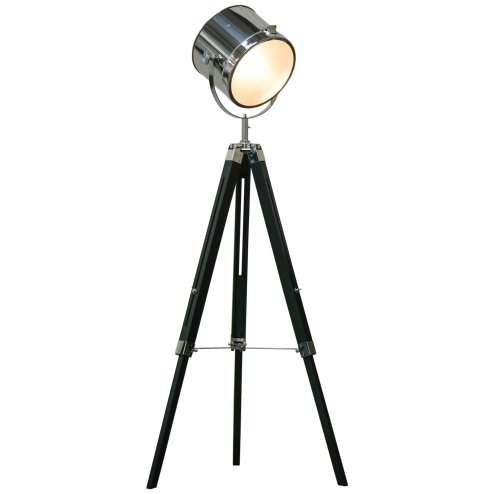 HOMCOM Industrial Style Adjustable Tripod Floor Lamp, Searchlight Lamp with Wooden Legs and Steel Lampshade, 110-155cm, Black Image