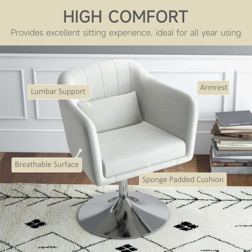 HOMCOM Swivel Linen Fabric Accent Chair for Living Room Contemporary Vanity Armchair with Adjustable Height Thick Cushion Lumbar Support Armrest for Bedroom Office Cream White