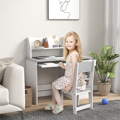 ZONEKIZ Kids Desk and Chair Set with Storage, for Ages 5-8 Years, 2 Piece Children Table and Chair Set with Keyboard Drawer, Grey