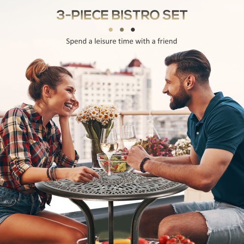 Outsunny 3 Piece Garden Bistro Set, Cast Aluminium Outdoor Furniture Set with Umbrella Hole for Balcony, Porch, Patio, Bronze Tone