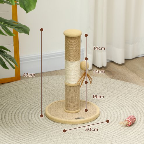 PawHut Cat Scratching Post for Indoor Cats, 47cm Tall Cat Scratcher with Jute Sisal Rope, Hessian fabric, Hanging Toy Ball, Feather, Kitty Climbing Tree with Anti-slip Base, Brown