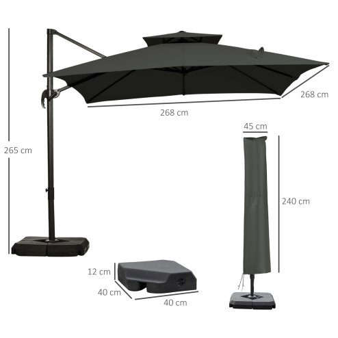 Outsunny 2.7 x 2.7(m) Cantilever Parasol with Aluminium Frame, Crank and Tilt, 360-Degree Rotation, Double Top Garden Umbrella with Base and Cover, Dark Grey