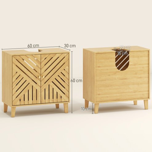 HOMCOM Under Sink Bathroom Cabinet, Bamboo Freestanding Under Sink Cabinet with Adjustable Shelf and Slat Doors for Basin without Pedestal, Natural