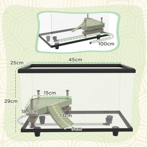 PawHut Turtle Tank, 28L Glass Turtle Aquarium with Basking Platform, Ramp, Easy Drainage, Strip Patch Thermometer, for Small Turtles, 45 x 25 x 29cm