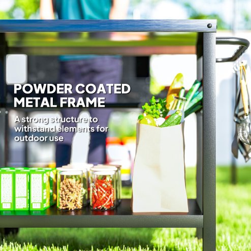 Outsunny Outdoor Grill Dining Cart 2-Shelf Movable Pizza Oven Table Stand with Stainless Steel Top, Portable BBQ Trolley Food Prep Outdoor Kitchen BBQ Station with Hooks Wheels Handle, Charcoal Grey