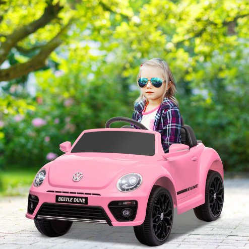 AIYAPLAY Volkswagen Beetle Licensed Ride on Car, 12V Kids Electric Car with Remote Control, 4 Spring Suspension Wheels, Soft Start, Headlights, FM Radio, Music, Horn, Pink