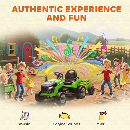 AIYAPLAY Ride on Tractor with Trailer, 12V Electric Vehicle with Remote Control, Ride on Car for Kids with Music, Shifter, Start-Up Sound for Ages 3-8 Years, Green