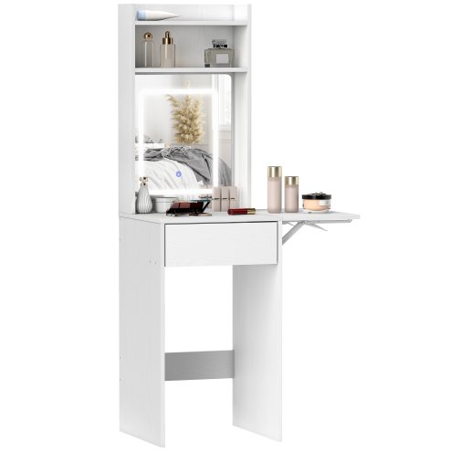 HOMCOM Small Dressing Table with Mirror and Adjustable LED Lights, Modern Vanity Desk with Drop Leaf, Open Shelves and Drawer, Compact Makeup Table for Small Spaces, Bedroom, White