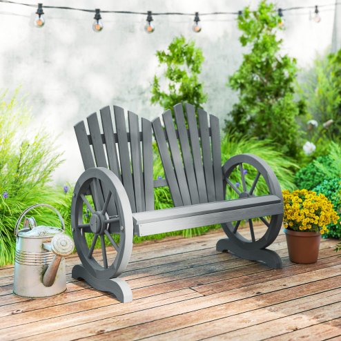 Outsunny 2 Seater Garden Bench, Comfortable Fir Wood Love Chair with Wagon Wheel-Shaped Armrests, Outdoor Adirondack Wooden Loveseats, Grey Image