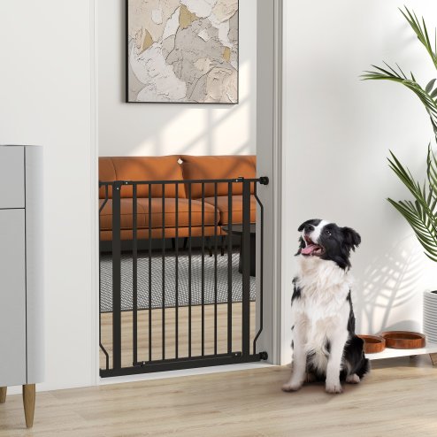 PawHut Dog Gate Wide Stair Gate w/ Door Pressure Fit Pets Barrier for Doorway, Hallway, 76H x 75-85W cm - Black