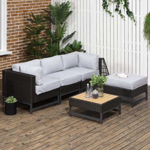 Outsunny 5 Piece Outdoor PE Rattan Corner Sofa Set with Cushions, Wicker Rattan Garden Furniture  with Wood-Effect Top Table, Brown